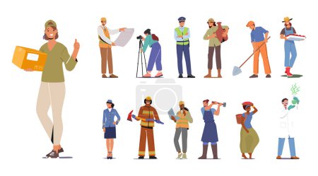 Set of Professions, Male and Female Characters Courier, Architect, Road Inspector and Archeologist and Stewardess. Rescuer, Scientist, Blacksmith and Farmer. Cartoon People Vector Illustration
