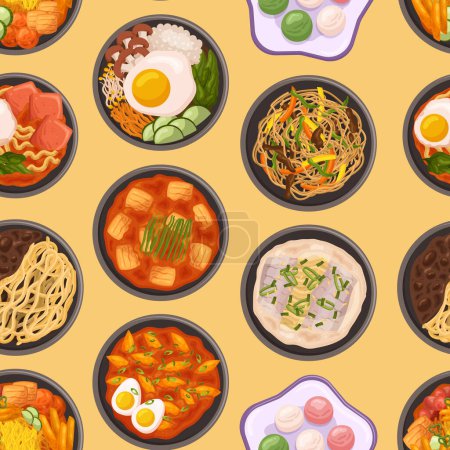 Modèle sans couture vibrant mettant en valeur divers plats coréens délicieux, éclatant de saveurs et de couleurs, parfait pour ajouter une touche de cuisine coréenne à tout projet de design. Illustration vectorielle de bande dessinée