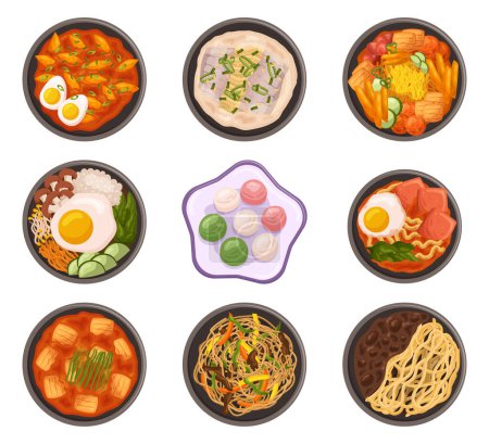 Délicieux et divers, plats coréens, de Kimchi épicé à Bulgogi salé, Tteokbokki et Kimbap, offrent une expérience culinaire qui satisfait à la fois le palais et l'âme. Illustration vectorielle de bande dessinée