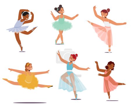 Illustration for Set of Graceful Little Ballerina Girl Characters Twirl In Tutu, Capturing Hearts With Every Delicate Movement, Taking Flight On The Dance Floor. Female Baby Dancers. Cartoon People Vector Illustration - Royalty Free Image