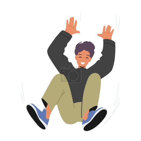Téléchargez les illustrations : L'homme joyeux saute dans l'air avec les bras levés, fuyant le bonheur et l'excitation dans un moment de pure joie et d'exaltation. Personnage masculin sautant avec un rire. Illustration vectorielle des personnages de bande dessinée - en licence libre de droit