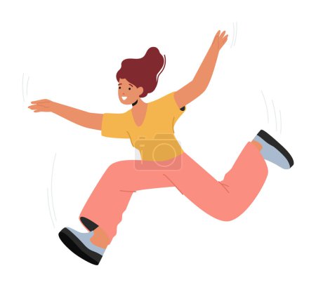 Ilustración de Mujer alegre saltando en el aire con una gran sonrisa, irradiando felicidad y energía positiva en un momento de felicidad pura. Feliz salto de carácter femenino joven. Dibujos animados Gente Vector Ilustración - Imagen libre de derechos
