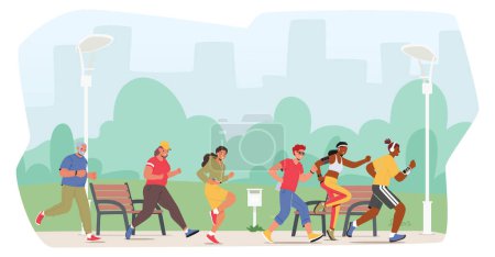 Illustration for Energetic Characters Racing Through City Streets, Their Determination And Stamina On Full Display, As They Participate In A Thrilling And Challenging City Marathon. Cartoon People Vector Illustration - Royalty Free Image