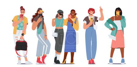 Young Women Capturing A Selfie. Female Characters Embracing Their Youthfulness And Expressing Themselves Through The Lens Of A Camera, Creating Memories To Cherish. Cartoon People Vector Illustration