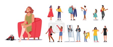 Illustration for Set of Characters Men, Women and Kids Dressing, Fitting, Selecting And Wearing Clothing in Store or Home, Expressing Personal Style Fashion Choices And Preferences. Cartoon People Vector Illustration - Royalty Free Image