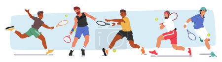 Illustration for Men Compete Fiercely On Tennis Court, Displaying Agility, Skill, And Strategic Prowess. Male Characters Serves, Swift Footwork And Precise Shots Make For Thrilling Matches. Cartoon Vector Illustration - Royalty Free Image