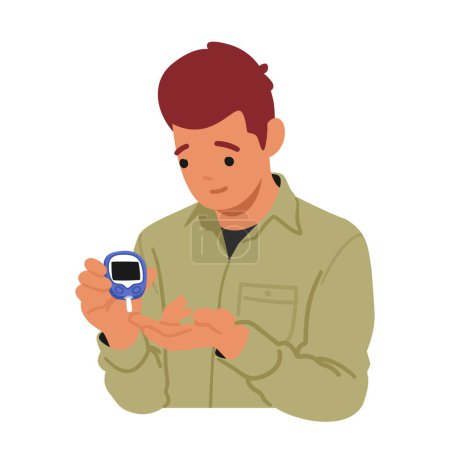 Illustration for Male Character Using Glucometer, Checking Blood Sugar Level. Young Man Control Diabetes. Medical Healthcare Concept Isolated on White Background. Cartoon People Vector Illustration - Royalty Free Image