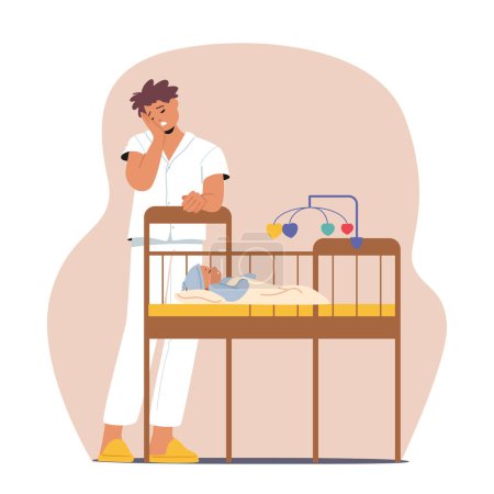 Illustration for Exhausted Man Character Struggles Near Crying Baby In Cot, Seeking Solace Amidst The Chaos Of Parenthood. Young Father Tired of Sleepless Nights and Noise. Cartoon People Vector Illustration - Royalty Free Image