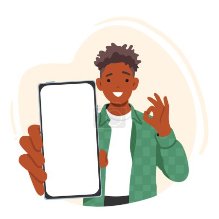 Illustration for Confident Black Man Character Displaying Smartphone Screen, Making An "ok" Gesture. Represents Technological Proficiency And Approval, Emphasizing Positive Attitude. Cartoon People Vector Illustration - Royalty Free Image