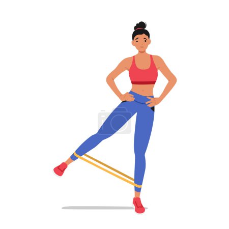 Illustration for Fitness Woman Uses Leg Expander For A Challenging Lower Body Workout. Female Character Targeting Muscles In The Legs And Glutes For Strength And Toning. Cartoon People Vector Illustration - Royalty Free Image