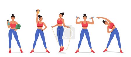 Illustration for Active Woman Engaging In Fitness Activities, Female Character Exercises Include Cardio, Weightlifting, Yoga And Stretching, Promoting Overall Health And Well-being. Cartoon People Vector Illustration - Royalty Free Image