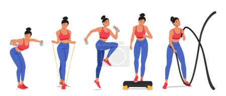 Illustration for Active Woman Engaging In Fitness Activities, Through Exercises Such As Cardio, Weightlifting, And Crossfit. Battle Ropes, Dumbbells, Step Board and Resistance Band. Cartoon People Vector Illustration - Royalty Free Image
