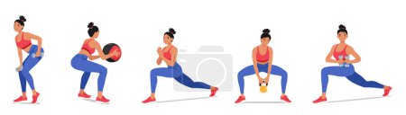 Illustration for Active Woman Engaged In Fitness Activities with Kettle Bell, Ball, Dumbbells, Demonstrating Strength, Flexibility, And Endurance. Focused On Exercises That Promote Health. Cartoon Vector Illustration - Royalty Free Image