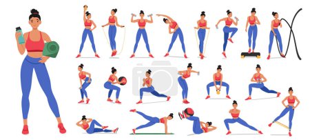 Illustration for Active Woman Engaged In Fitness Activities, Demonstrating Strength, Flexibility, And Endurance Through Exercises Such As Weightlifting, Yoga, Running, And Cardio Workouts. Cartoon Vector Illustration - Royalty Free Image