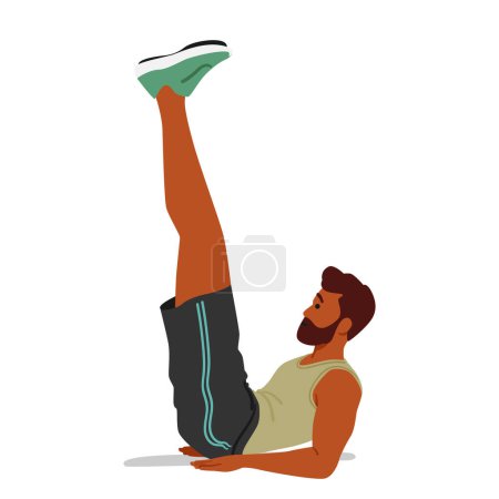 Ilustración de Hombre personaje haciendo levantamientos de piernas sentadas en el piso, comprometer el núcleo y la parte inferior del cuerpo mientras se sienta en el piso, levantando y extendiendo las piernas, apuntando a los músculos abdominales y flexores de la cadera. Dibujos animados Gente Vector Ilustración - Imagen libre de derechos