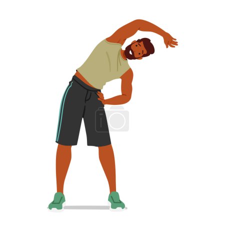 Illustration for Fitness Man Performs Tilt Exercises, Engaging Core Muscles And Improving Balance. These Dynamic Movements Involve Leaning Body To The Side While Maintaining Stability And Control. Vector Illustration - Royalty Free Image