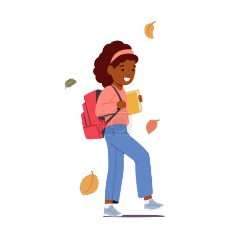 Illustration for Student Child Walks While Carrying A Book, Immersed In The Joy Of Reading And Discovering New Worlds Through The Pages. Little Black Girl Character Going to School. Cartoon People Vector Illustration - Royalty Free Image