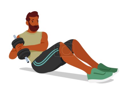 Illustration for Fit Man Engages Dumbbell Floor Exercises, Male Character Utilizing Weights To Target Different Muscle Groups And Enhance Overall Strength And Fitness. Cartoon People Vector Illustration - Royalty Free Image