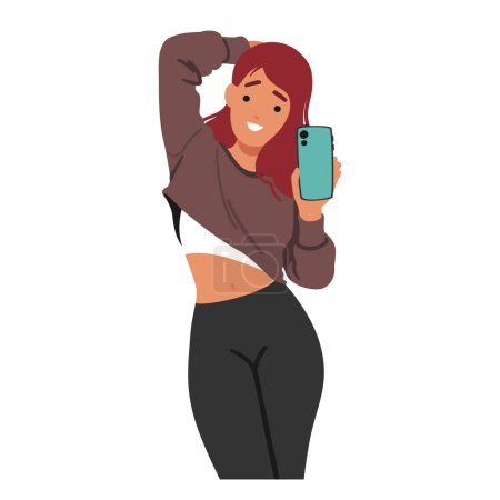 Illustration for Fitness Woman Capturing her Workout Progress With Selfie In Gym, Female Character Showcasing her Dedication While Motivating Others To Embrace A Healthy Lifestyle. Cartoon People Vector Illustration - Royalty Free Image