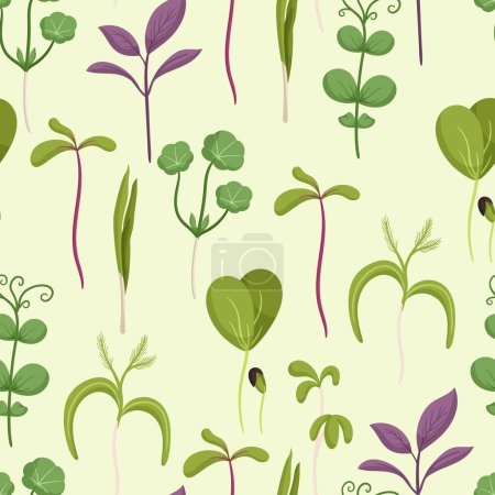 Illustration for Seamless Pattern with Microgreens, Vibrant And Fresh Design Showcases A Variety Of Colorful And Nutrient-packed Green Sprouts, Creating A Visually Appealing Tile Ornament. Cartoon Vector Illustration - Royalty Free Image