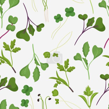 Illustration for Microgreen Seamless Pattern, Vibrant And Lively Design Showcasing A Variety Of Tiny Microgreens, Creating A Visually Pleasing And Fresh Pattern For Textiles And Wallpapers. Cartoon Vector Illustration - Royalty Free Image