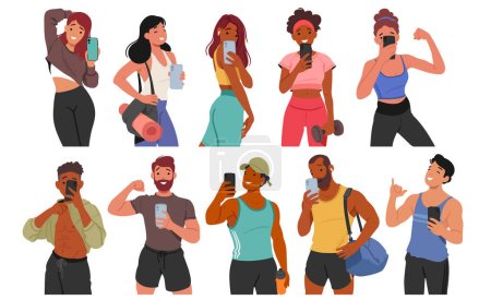 Fitness Enthusiasts Male and Female Characters Capturing Their Workout Triumphs With Selfies In The Gym, Showcasing Progress and Motivating Others To Embrace A Healthy Lifestyle. Vector Illustration