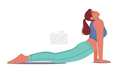Illustration for Woman Performing Bhujangasana, Cobra Pose. Female Character Stretches Her Arms Straight, Lifts Chest Off The Ground, Arching Back While Engaging Core And Legs. Cartoon People Vector Illustration - Royalty Free Image