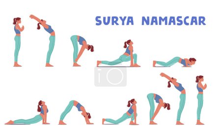 Illustration for Female Character doing Surya Namaskar Yoga, Including Forward Folds, Lunges, And Downward Dog Poses In A Rhythmic Pattern To Honor The Sun And Invigorate The Body. Cartoon People Vector Illustration - Royalty Free Image