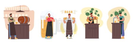 Ilustración de Personajes masculinos hábiles de camarero que sirven cerveza artesanal, tazas de llenado hábilmente con sabores ricos y diversos, creando una experiencia encantadora. Dibujos animados Gente Vector Ilustración - Imagen libre de derechos