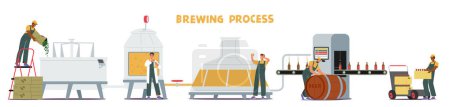 Ilustración de El proceso de producción de cerveza implica pasos como malteado, triturado, ebullición, fermentación y envasado, lo que resulta en la creación de una cerveza deliciosa y refrescante. Ilustración de vectores de dibujos animados - Imagen libre de derechos