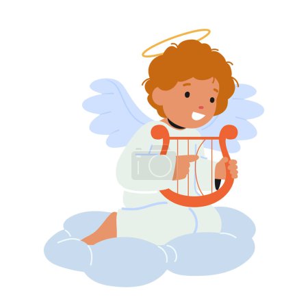 Téléchargez les illustrations : Adorable bébé ange aux yeux innocents, aux ailes minuscules et au sourire chérubin assis sur un nuage avec harpe, rayonnant de joie pure et d'amour. Petit Enfant Cupidon Caractère. Illustration vectorielle des personnages de bande dessinée - en licence libre de droit
