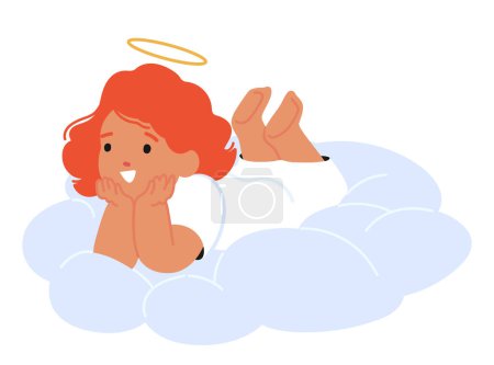 Téléchargez les illustrations : Adorable personnage chérubin de bébé ange avec des cheveux rouges, halo, ailes minuscules, et un sourire doux, allongé sur le nuage, capturant des coeurs avec son innocence et charme. Illustration vectorielle des personnages de bande dessinée - en licence libre de droit