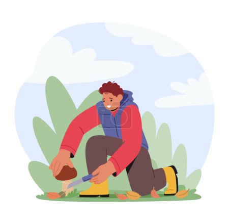 Illustration for Young Man Ventures Into The Forest To Pick Mushrooms. Male Character Carefully Foraging Among The Trees And Foliage To Discover Edible Treasures of Nature. Cartoon People Vector Illustration - Royalty Free Image