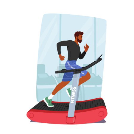 Illustration for Man Runs On Treadmill, Male Character Maintaining Steady Pace And Occasionally Adjusting Settings. Sweat Glistens On His Forehead As He Stays Focused On His Workout. Cartoon People Vector Illustration - Royalty Free Image