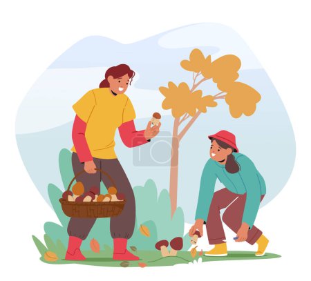 Illustration for Young Women Carefully Gather Mushrooms In The Forest. Female Characters Filling Their Baskets With A Variety Of Shapes And Sizes., Enjoying Adventure on Fresh Air. Cartoon People Vector Illustration - Royalty Free Image