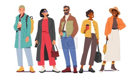 Illustration for Male and Female Characters Wear Autumn Outfits, Including Cozy Sweaters, Boots And Warm Jackets, To Stay Stylish And Comfortable During The Cool And Colorful Season. Cartoon People Vector Illustration - Royalty Free Image