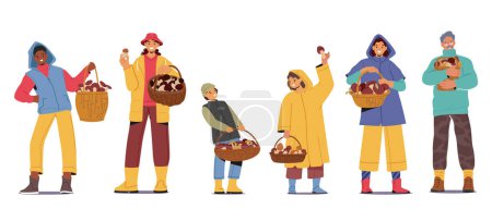 Illustration for Characters Cheerfully Carry Baskets Filled With Various Mushrooms, Collected From The Woods. Their Faces Reflect The Joy Of A Successful Foraging Adventure. Cartoon People Vector Illustration - Royalty Free Image