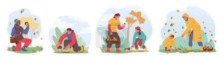 Illustration for Male and Female Characters Pick Mushrooms In Forest. They Identify Edible Varieties, Using Baskets And Knives For Harvesting. Kids and Adults Spending Fall Time. Cartoon People Vector Illustration - Royalty Free Image
