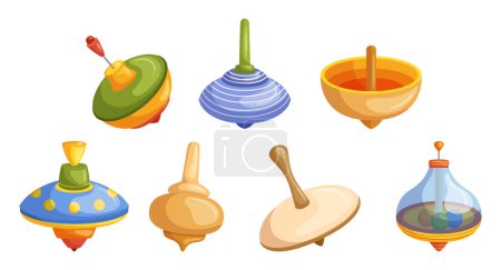 Illustration for Set of Whirligig Toys, Spinning Gadgets In Various Shapes And Designs, Captivating With Their Whimsical Movements And Vibrant Colors. Fun Toys for Little Kids. Cartoon Vector Illustration, Icons - Royalty Free Image