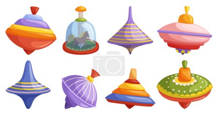 Illustration for Set of Whirligigs, Spinning Toys That Moves With The Help Of Manual Interaction, Creating Visually Captivating Patterns And Designs. Kids Toys Collection, Isolated Icons. Cartoon Vector Illustration - Royalty Free Image