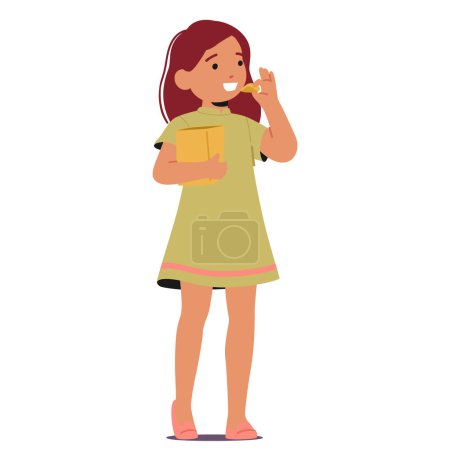 Illustration for Child Joyfully Munching On Chips, Savoring The Crispy And Flavorful Bites With Smile On her Face. Little Girl Character Enjoying Fast Food Snack Isolated on White. Cartoon People Vector Illustration - Royalty Free Image