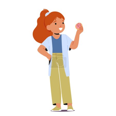 Illustration for Little Girl Eating fast Food Dessert. Joyful Kid Character Indulging In A Sugary Donut, Eyes Wide With Delight As she Savors Each Delicious Bite Isolated on White. Cartoon People Vector Illustration - Royalty Free Image