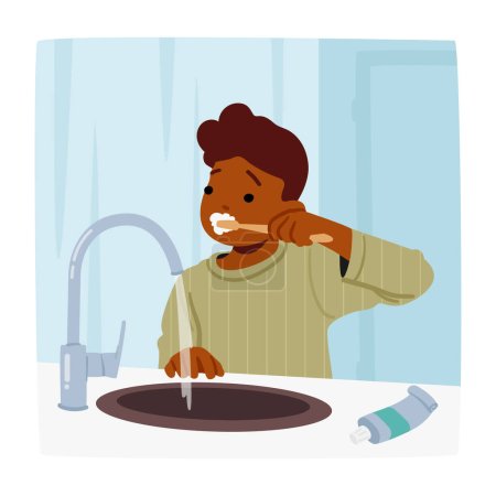 Illustration for Young Child Diligently Brushes Teeth, Small Toothbrush In Hand, Applying Toothpaste, Scrubbing Away, Little Boy Practicing Good Oral Hygiene For A Bright Smile. Cartoon People Vector Illustration - Royalty Free Image