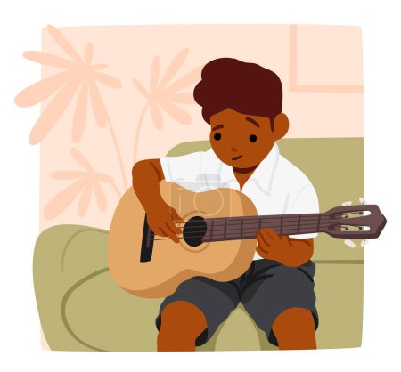 Illustration for Youthful Guitarist Boy Strums With Joy, Fingers Dancing On Strings. Innocent Eyes Fixate On The Instrument, Lost In Melodies Of Imagination And The Beauty Of Music. Cartoon People Vector Illustration - Royalty Free Image