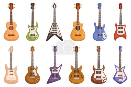 Conjunto de guitarras aisladas, instrumentos de cuerda versátiles con un cuerpo resonante y cuello inquieto. Producen tonos melódicos y son populares en varios géneros musicales. Ilustración de vectores de dibujos animados