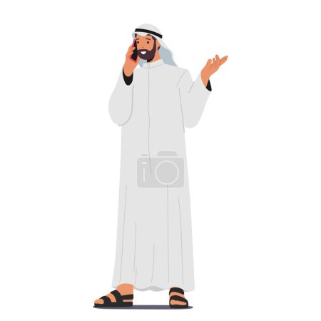 Illustration for Arab Muslim Businessman Character Conversing On Mobile Phone, Discussing Deals And Making Connections, Showcasing Modern Communication And Entrepreneurial Spirit. Cartoon People Vector Illustration - Royalty Free Image
