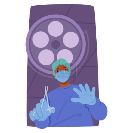 Illustration for Focused Surgeon Character in Lab Coat Maneuvering with Instruments, Illuminating The Surgical Field, Ensuring Precision And Care In Delicate Procedures View from Beneath. Cartoon Vector Illustration - Royalty Free Image