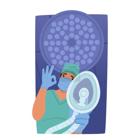 Illustration for Bottom View Of Anesthesiologist Character Wearing Mask During Surgery, Show Ok Sign, Ensuring Patient Comfort And Monitoring Vital Signs For A Successful Operation. Cartoon People Vector Illustration - Royalty Free Image