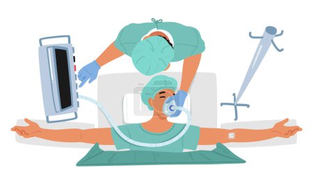 Vista superior de los lugares del carácter del anestesiólogo Máscara en la cara del paciente durante la cirugía, asegurando el parto exacto de la anestesia para un procedimiento seguro. Dibujos animados Gente Vector Ilustración
