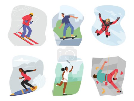 Illustration for Set Of Male And Female Characters Engage In Extreme Vacation. Men And Women Skiing, Skydiving, Riding Longboard And Surf Board, Playing Tennis And Climbing Rocks. Cartoon People Vector Illustration - Royalty Free Image